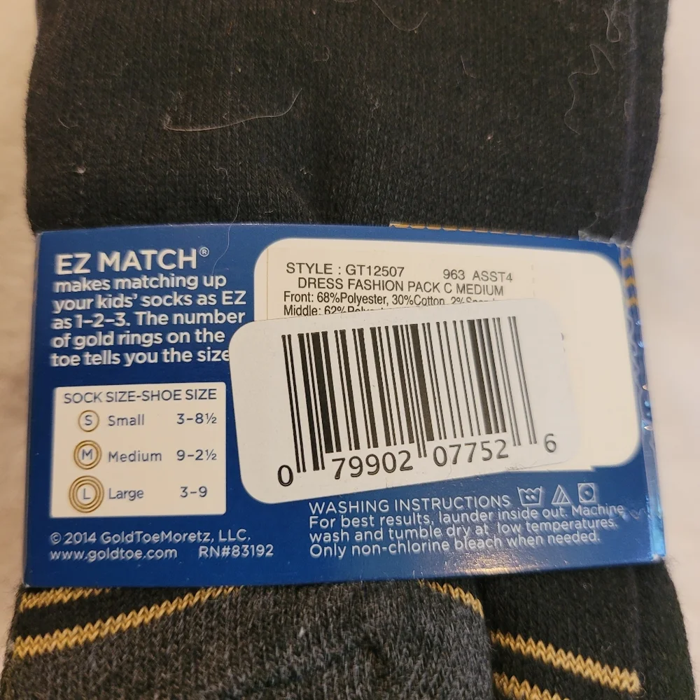 Gold Toe Youth EZ Match Dress Fashion Socks 6 Pair New With Tag Size Medium